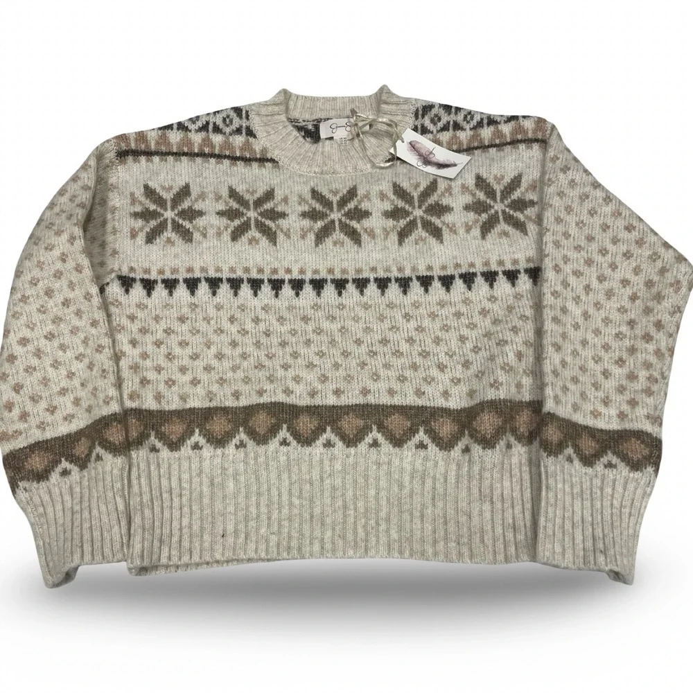 Jessica Simpson Snowflake Fair Isle Knit Sweater Cozy Winter Cream Brown XS NWT